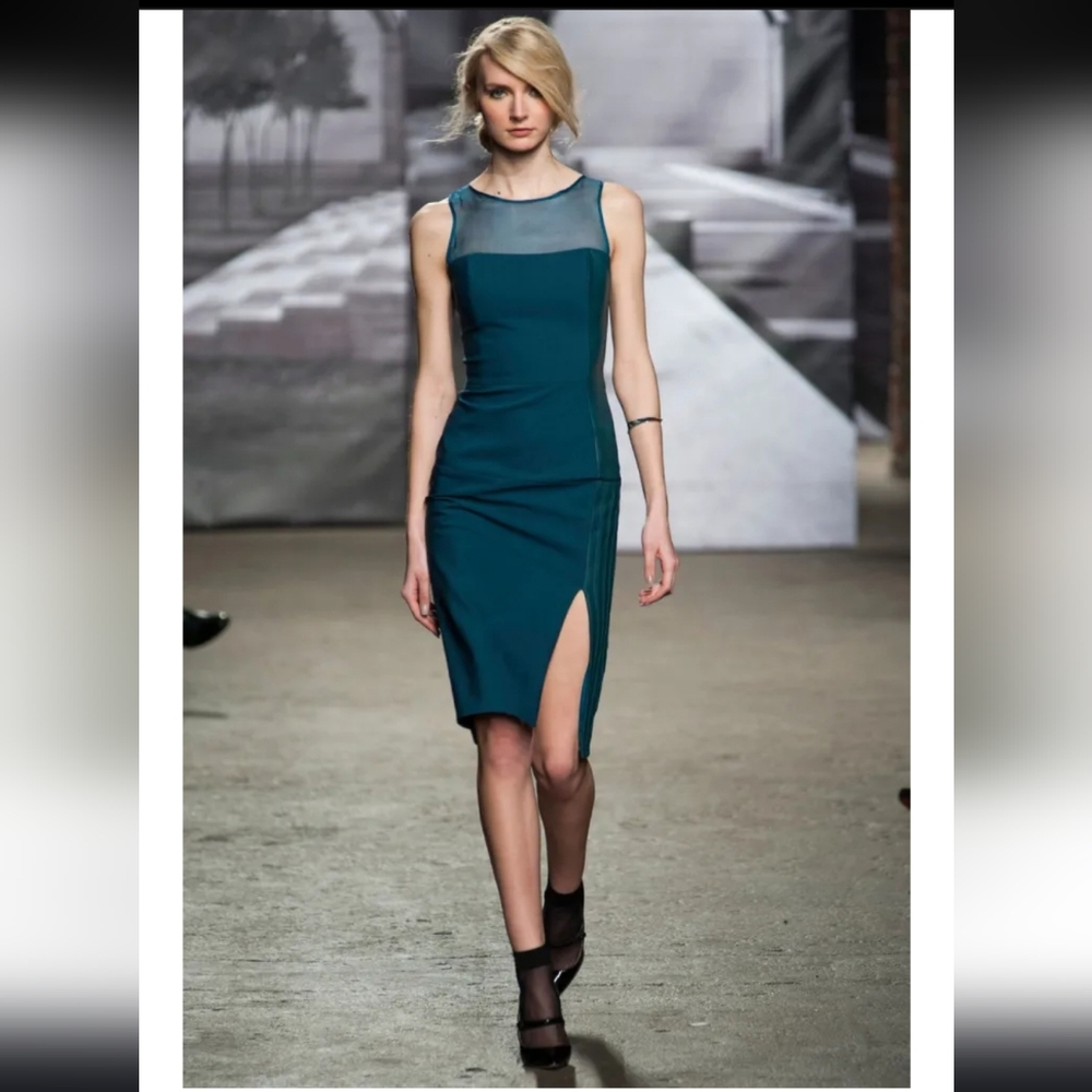 Nonoo Runway 100% Silk Teal Shift Dress Sheer Panels Side Slit Leather Details 2